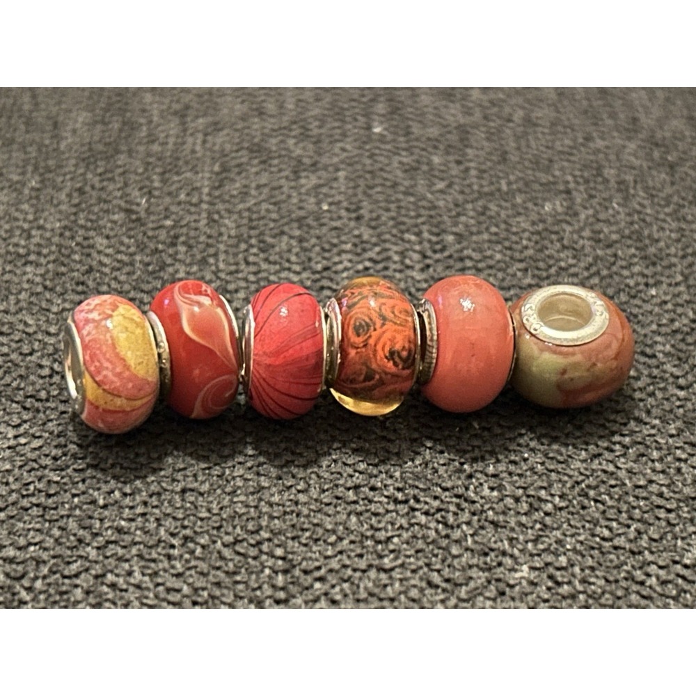 Lot of 6 Sterling Silver Core Bracelet Charm Beads Lampwork Glass Style 925 1